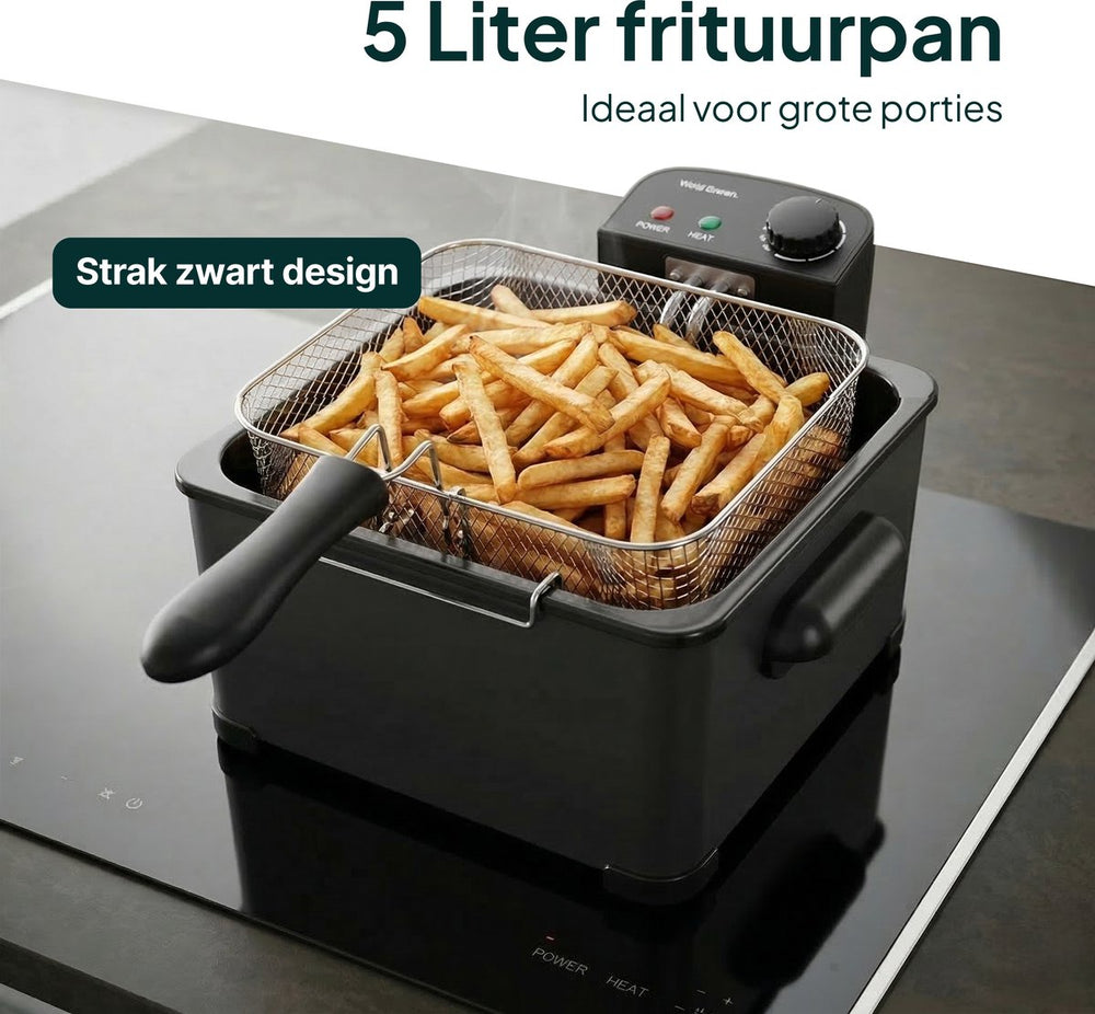 Frituurpan - 5 Liter - 3 Manden - Kijkvenster - Friteuse - Koude Zone - Zwart