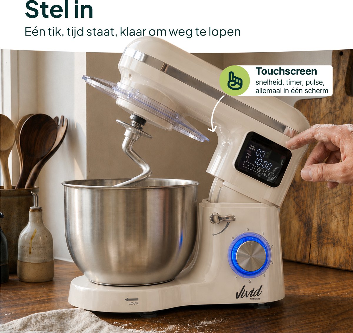 2000W Keukenmixer - Timer & Automatische Stop - Geschikt voor Zwaar Deeg - 6,2L Mengkom - Keukenmachine - Keukenrobot - Crème