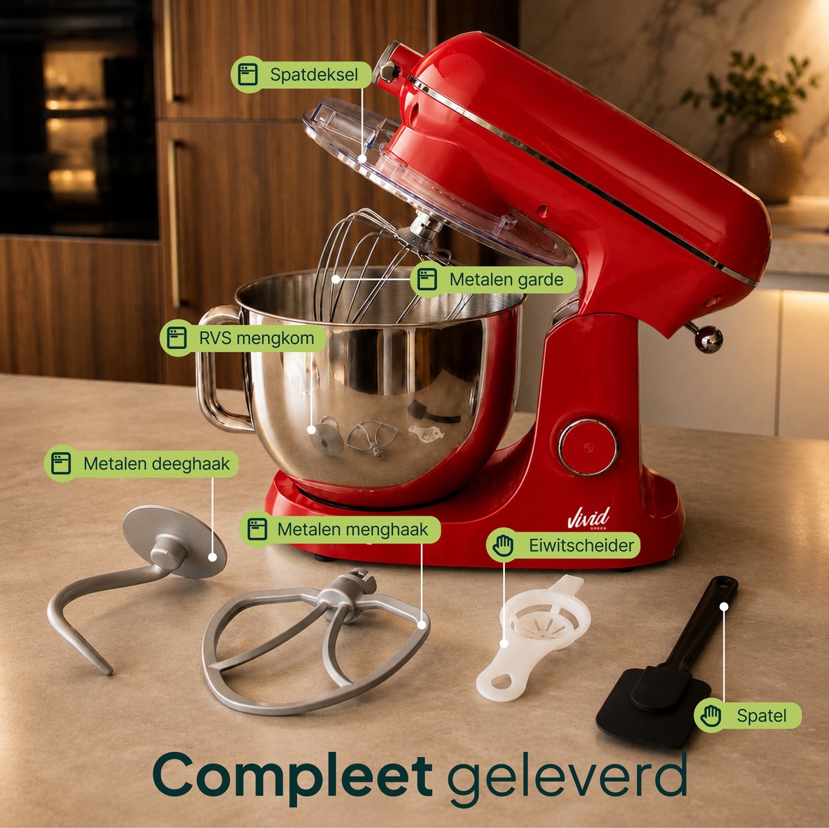 Luxe Keukenmixer - 7L Mengkom met Verwarmde Bodem - Rijsfunctie - Touchscreen & Timer - Vaatwasserbestendig - Keukenmachine - Keukenrobot - Rood