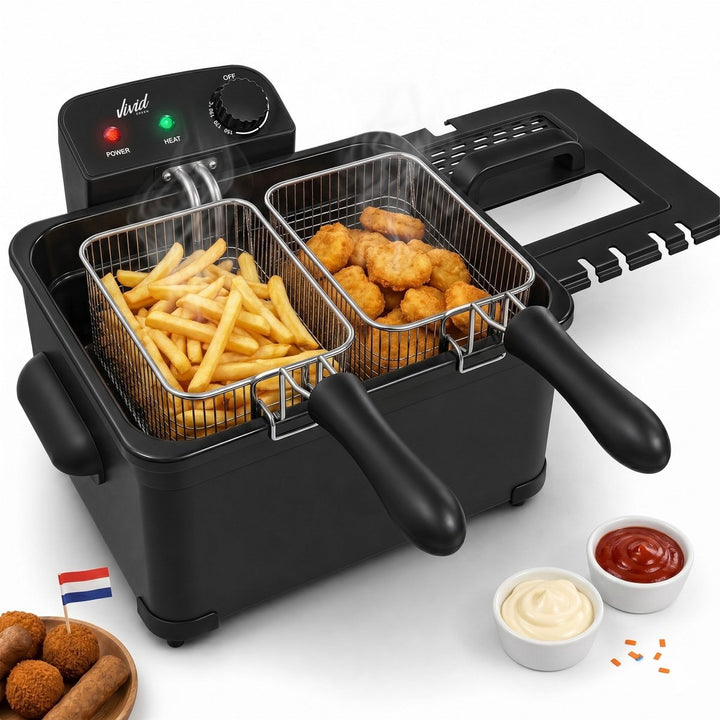 Frituurpan - 5 Liter - 3 Manden - Kijkvenster - Friteuse - Koude Zone - Zwart