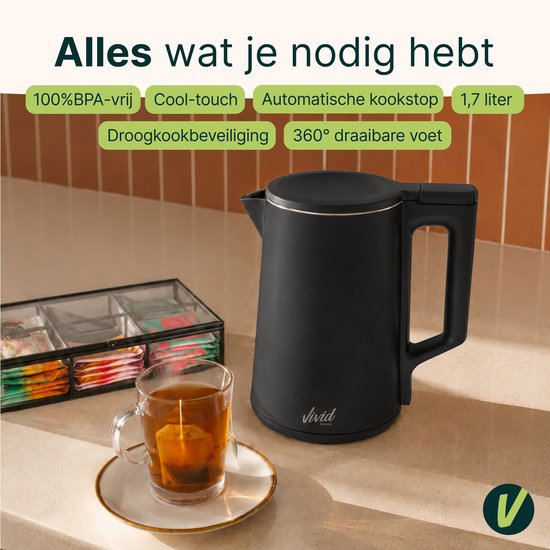 Waterkoker - 1.7L - Dubbelwandig - BPA-vrij - RVS - 2000W - Elektrisch - Zwart