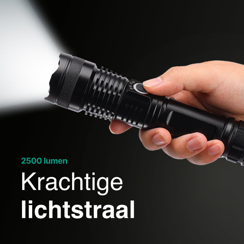 Zaklamp LED 5000mAh Oplaadbaar - Militaire - 2500 Lumen - Zwart