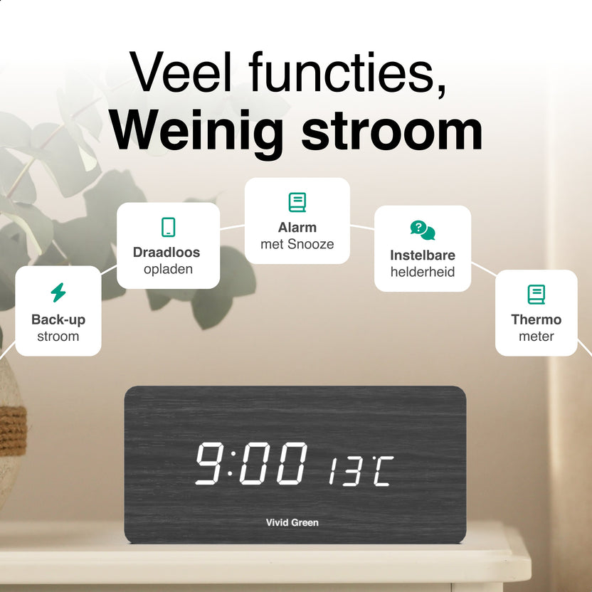Houten Digitale Wekker met Draadloos Opladen - Wekkers Digitaal - Thermometer Functie - Alarm - QI Wireless Charger