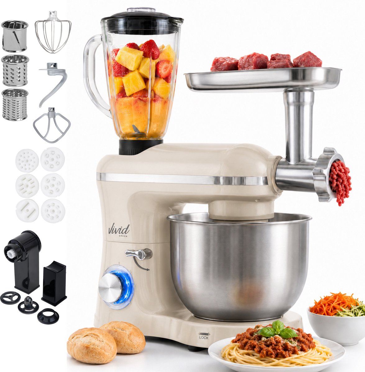 2000W Keukenmixer - Vleesmolen, Blender & Pastamachine - Geschikt voor Zwaar Deeg - 6,2L Mengkom - Keukenmachine - Keukenrobot - Crème