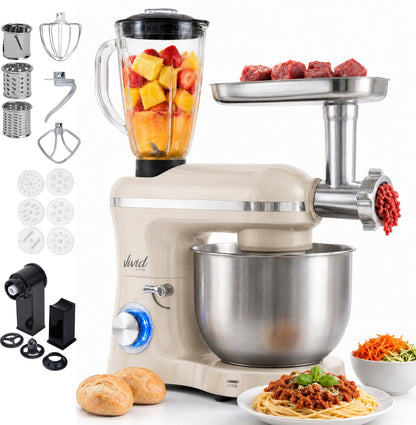 2000W Keukenmixer - Vleesmolen, Blender & Pastamachine - Geschikt voor Zwaar Deeg - 6,2L Mengkom - Keukenmachine - Keukenrobot - Crème