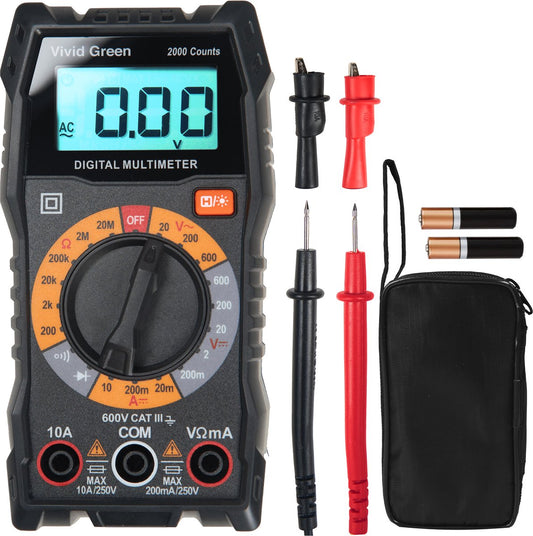 Digitale Multimeter AC / DC Voltage Meter - Spanningsmeter - Incl. Opberghoesje, Klemtangen en Meetpinnen - Zwart
