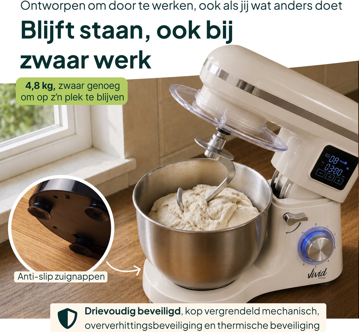 2000W Keukenmixer - Timer & Automatische Stop - Geschikt voor Zwaar Deeg - 6,2L Mengkom - Keukenmachine - Keukenrobot - Crème