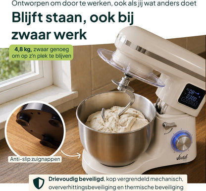 2000W Keukenmixer - Timer & Automatische Stop - Geschikt voor Zwaar Deeg - 6,2L Mengkom - Keukenmachine - Keukenrobot - Crème