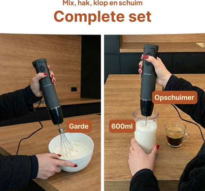 Staafmixer 5-in-1 Set - 1000W - Vaatwasserbestendig - Incl. Hakmolen, garde, melkopschuimer & Maatbeker - 12 Snelheden + Turbofunctie - Zwart