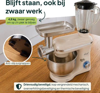 2000W Keukenmixer - Vleesmolen, Blender & Pastamachine - Geschikt voor Zwaar Deeg - 6,2L Mengkom - Keukenmachine - Keukenrobot - Crème