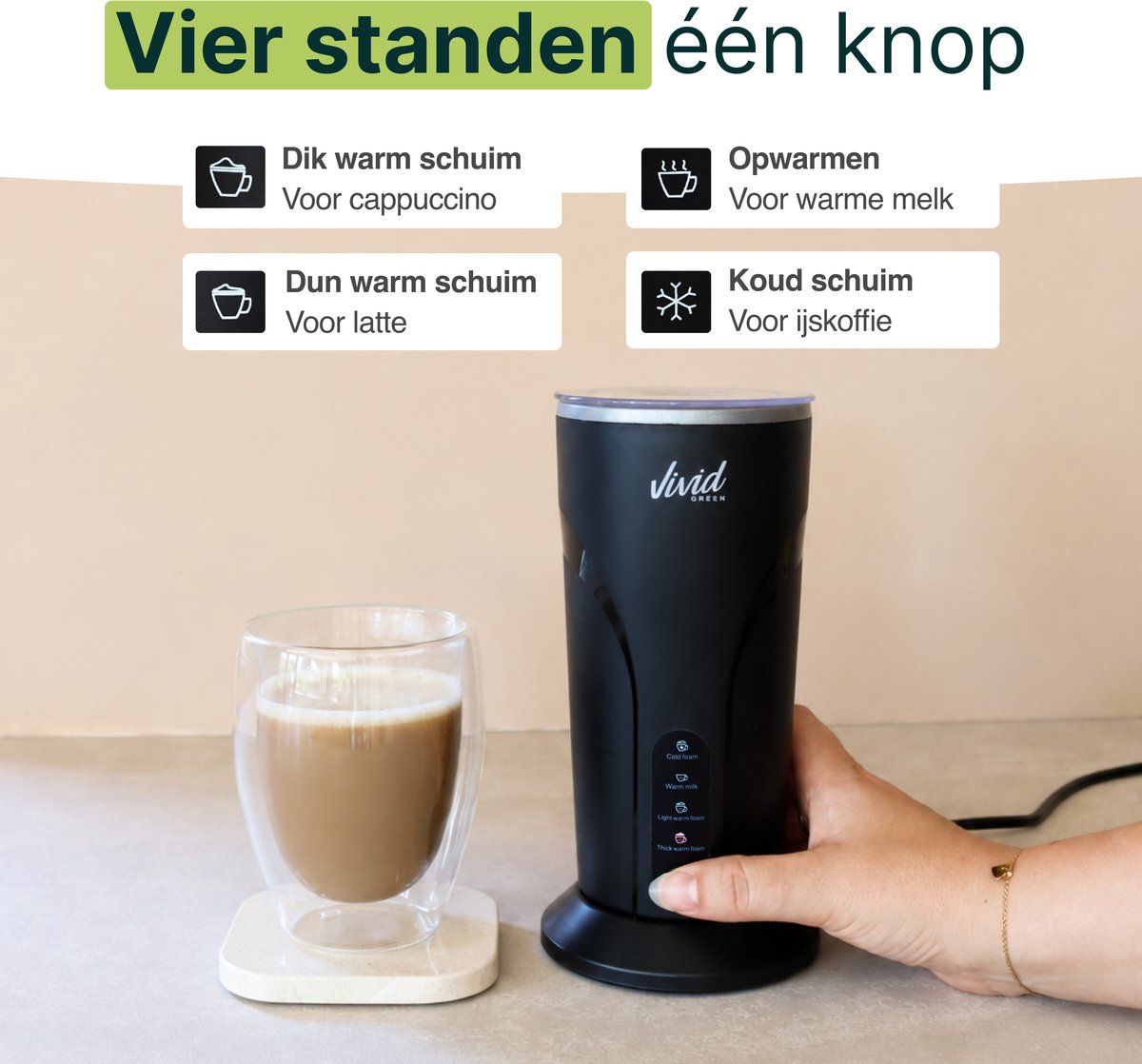 Melkopschuimer - PFAS-vrij - 4-in-1 Melkschuimer - Elektrische Melkklopper - Zwart