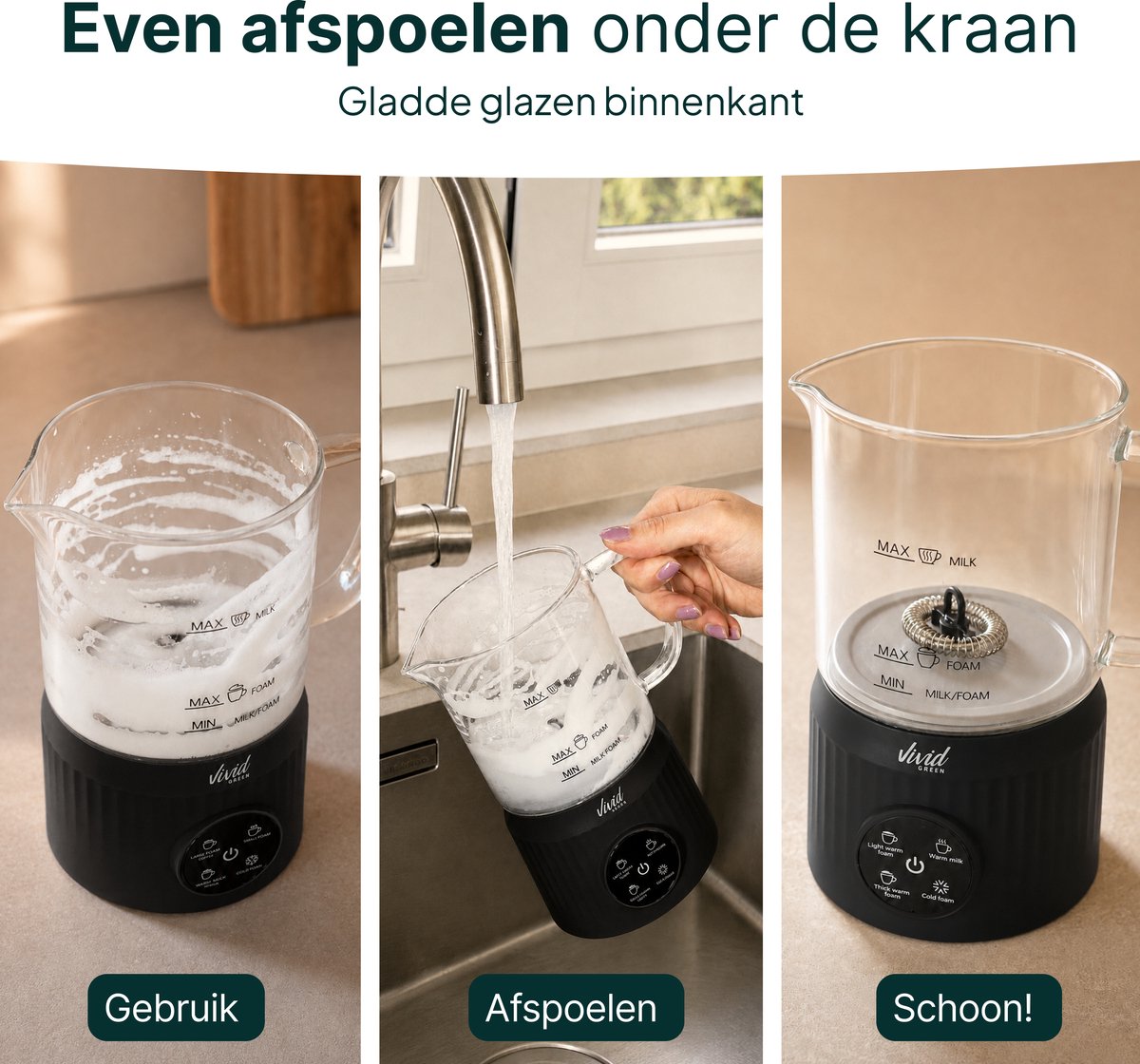 Melkopschuimer Glas - PFAS-vrij - 4-in-1 Melkschuimer - Elektrische Melkklopper