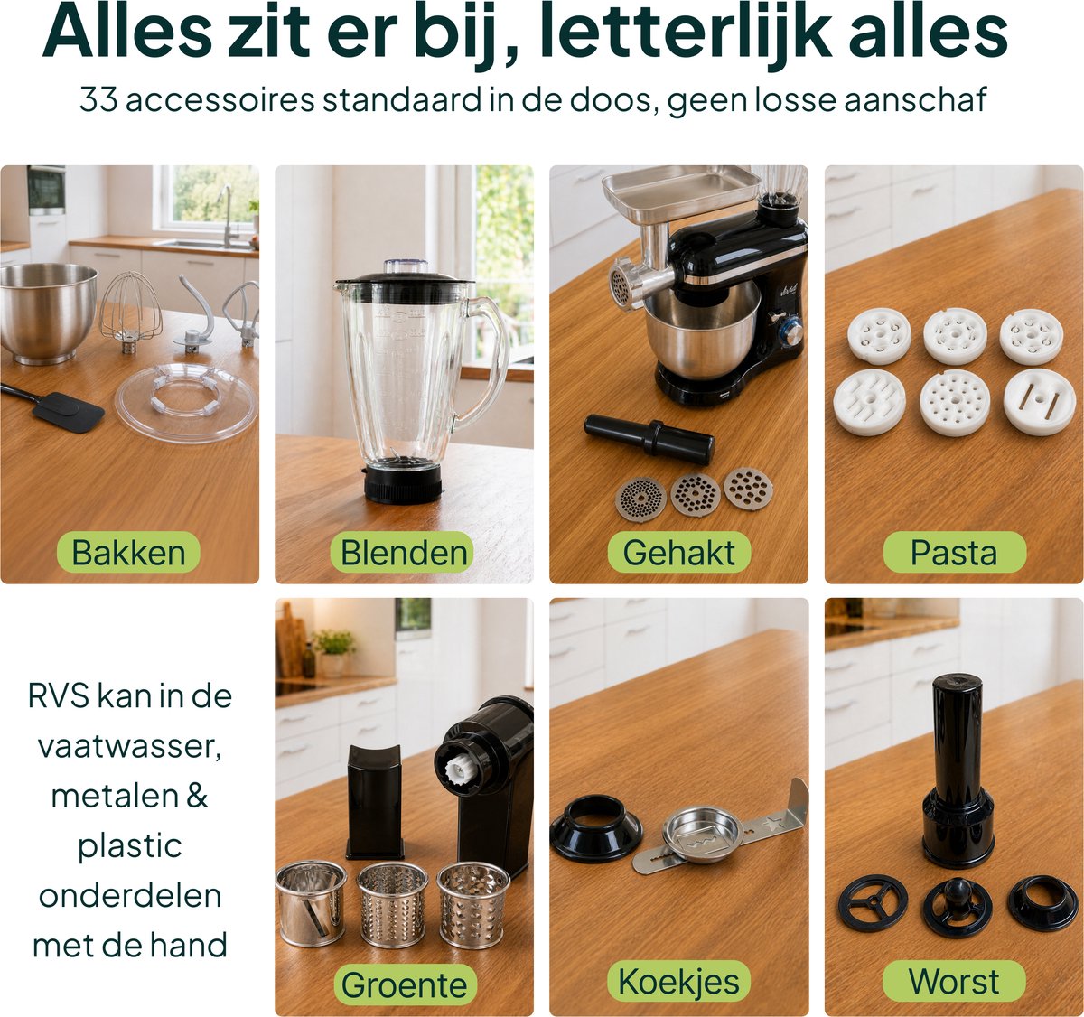 2000W Keukenmixer - Vleesmolen, Blender & Pastamachine - Geschikt voor Zwaar Deeg - 6,2L Mengkom - Keukenmachine - Keukenrobot - Crème