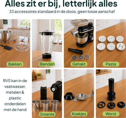 2000W Keukenmixer - Vleesmolen, Blender & Pastamachine - Geschikt voor Zwaar Deeg - 6,2L Mengkom - Keukenmachine - Keukenrobot - Crème