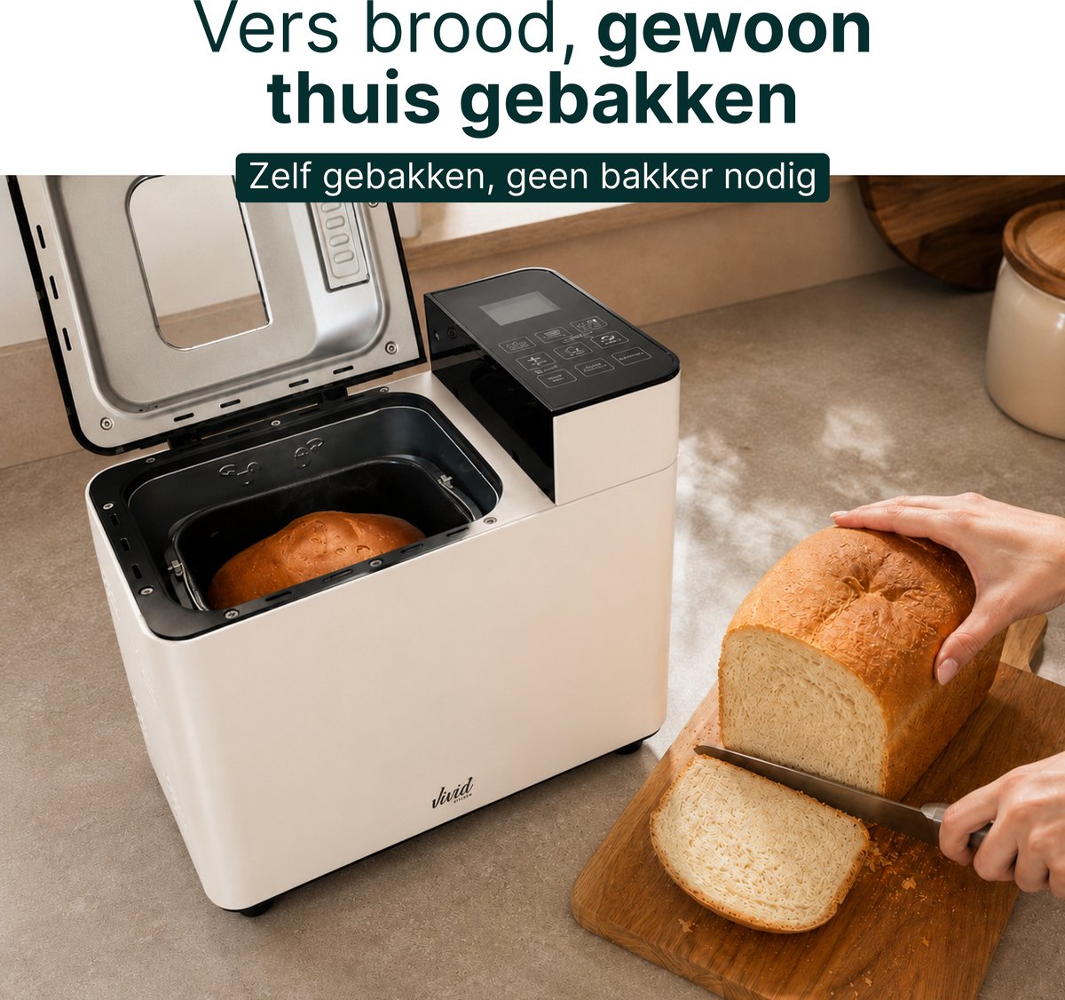 Broodbakmachine - Warmhoudfunctie & Timer - 18 programma's - 500/1000 gram - PFAS vrij - Glutenvrij programma - Broodmachine - 600W - Creme