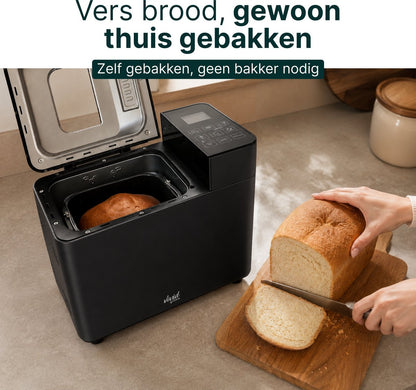 Broodbakmachine - Warmhoudfunctie & Timer - 18 programma's - 500/1000 gram - PFAS vrij - Glutenvrij programma - Broodmachine - 600W - Zwart