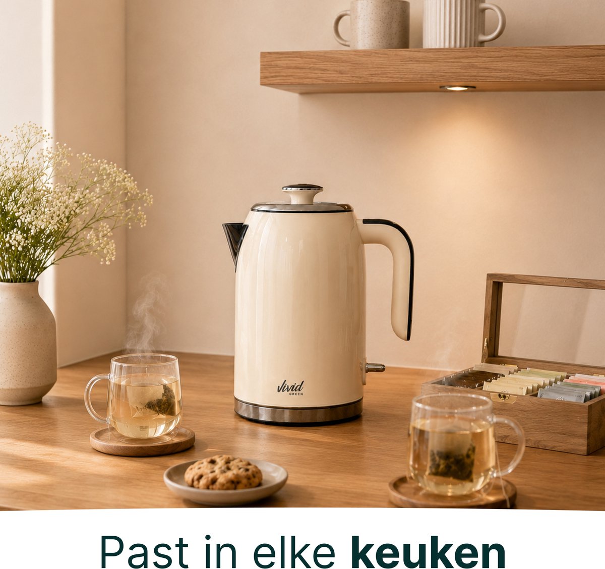 Luxe Waterkoker 1.7L - Retro Design - 2200W - BPA-vrij - 360° - RVS - Creme