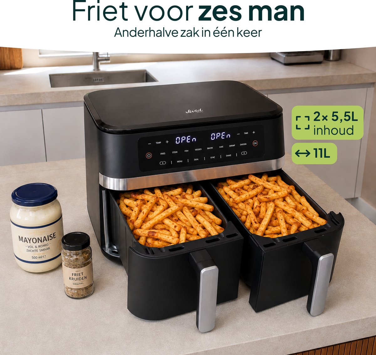 Dubbele Airfryer – 11 Liter – Dual Zone met SYNC – 2 Lades – 2950W – Heteluchtfriteuse – Tot 8 Personen – PFAS-vrij – Zwart