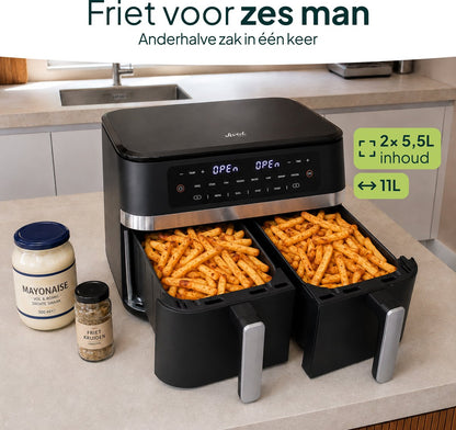 Dubbele Airfryer – 11 Liter – Dual Zone met SYNC – 2 Lades – 2950W – Heteluchtfriteuse – Tot 8 Personen – PFAS-vrij – Zwart