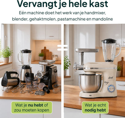 2000W Keukenmixer - Vleesmolen, Blender & Pastamachine - Geschikt voor Zwaar Deeg - 6,2L Mengkom - Keukenmachine - Keukenrobot - Crème
