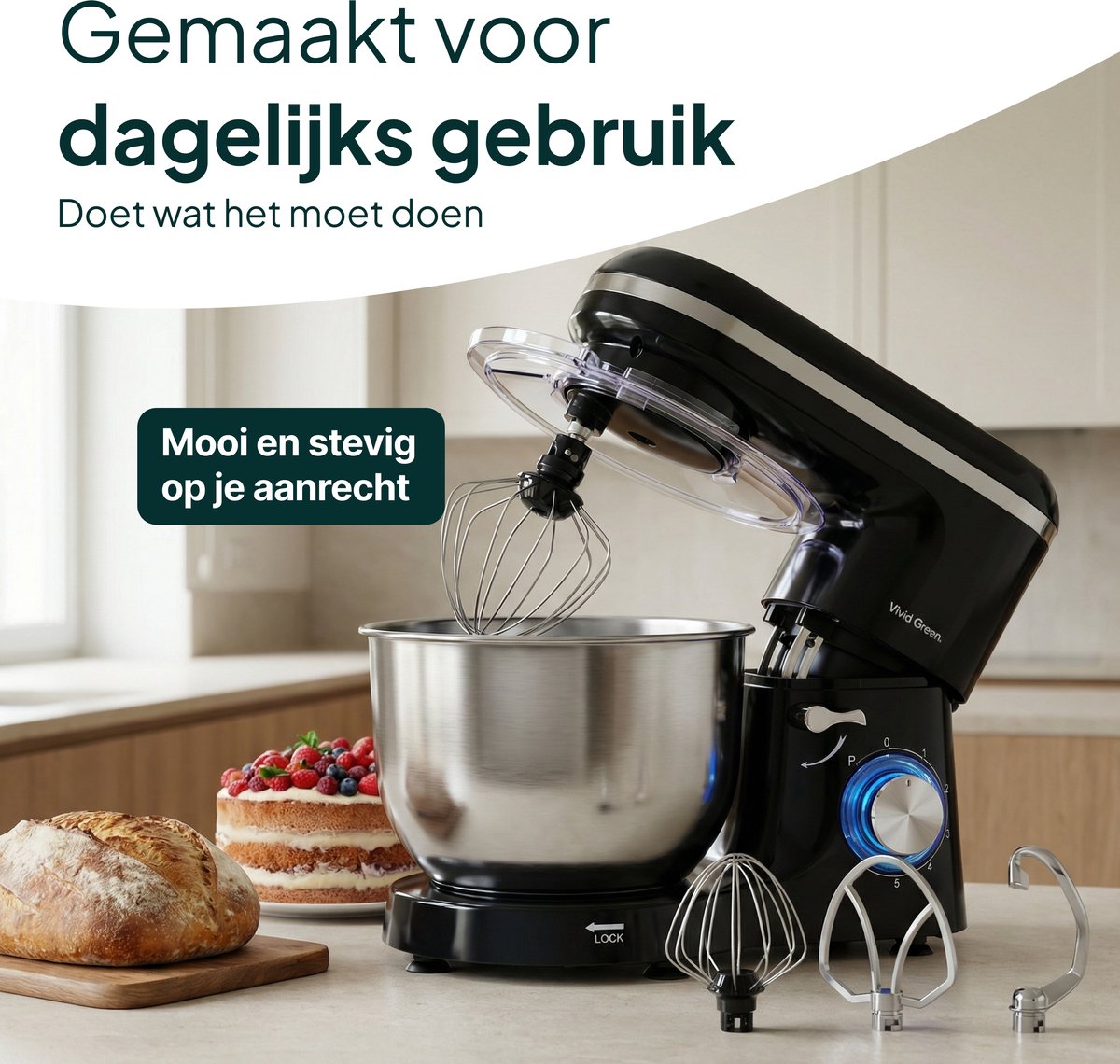 2000W Keukenmachine - Keukenrobot - 6.2L - Keukenmixer - Mixer met Mengkom - Zwart