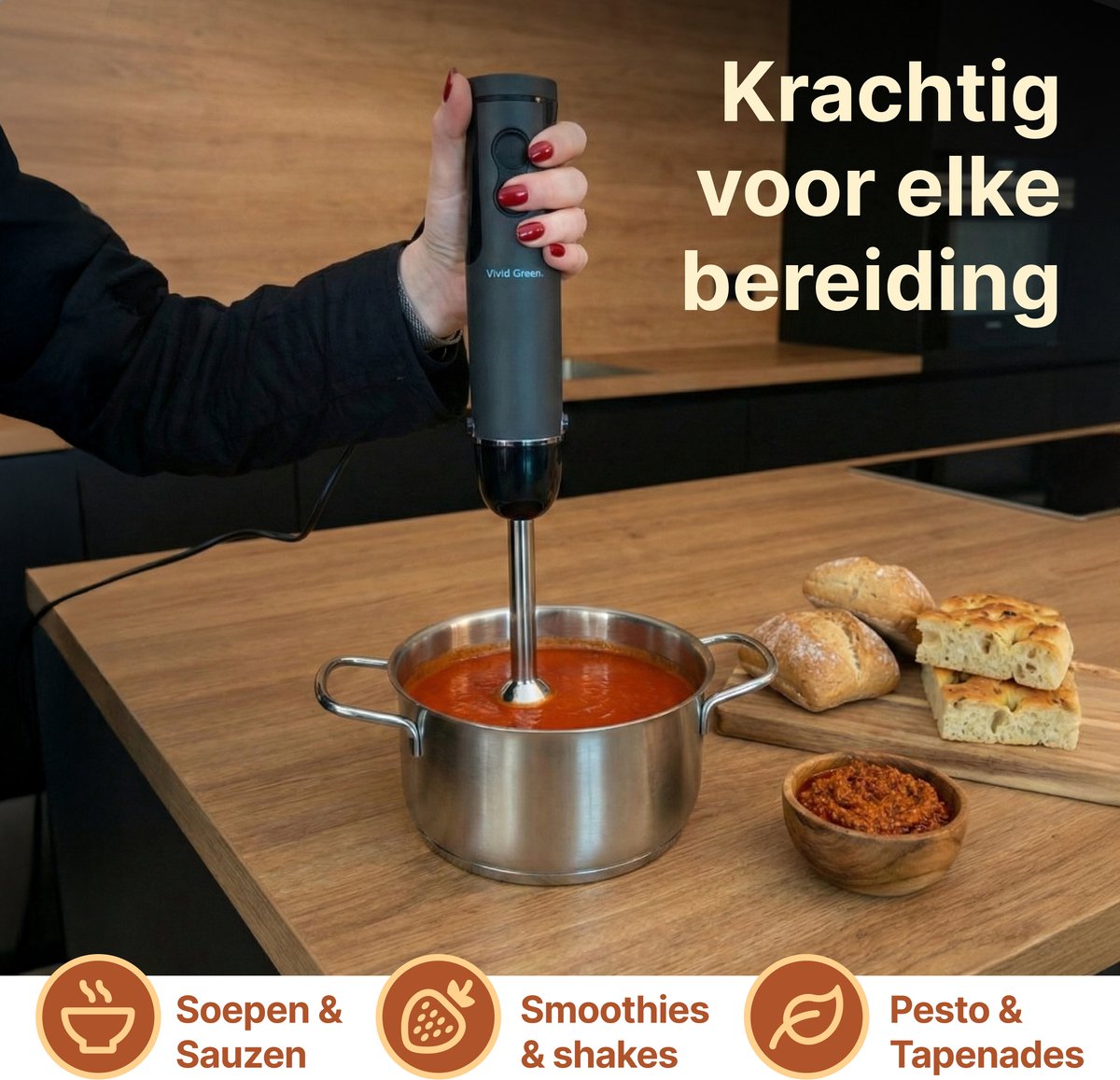 Staafmixer 5-in-1 Set - 1000W - Vaatwasserbestendig - Incl. Hakmolen, garde, melkopschuimer & Maatbeker - 12 Snelheden + Turbofunctie - Zwart