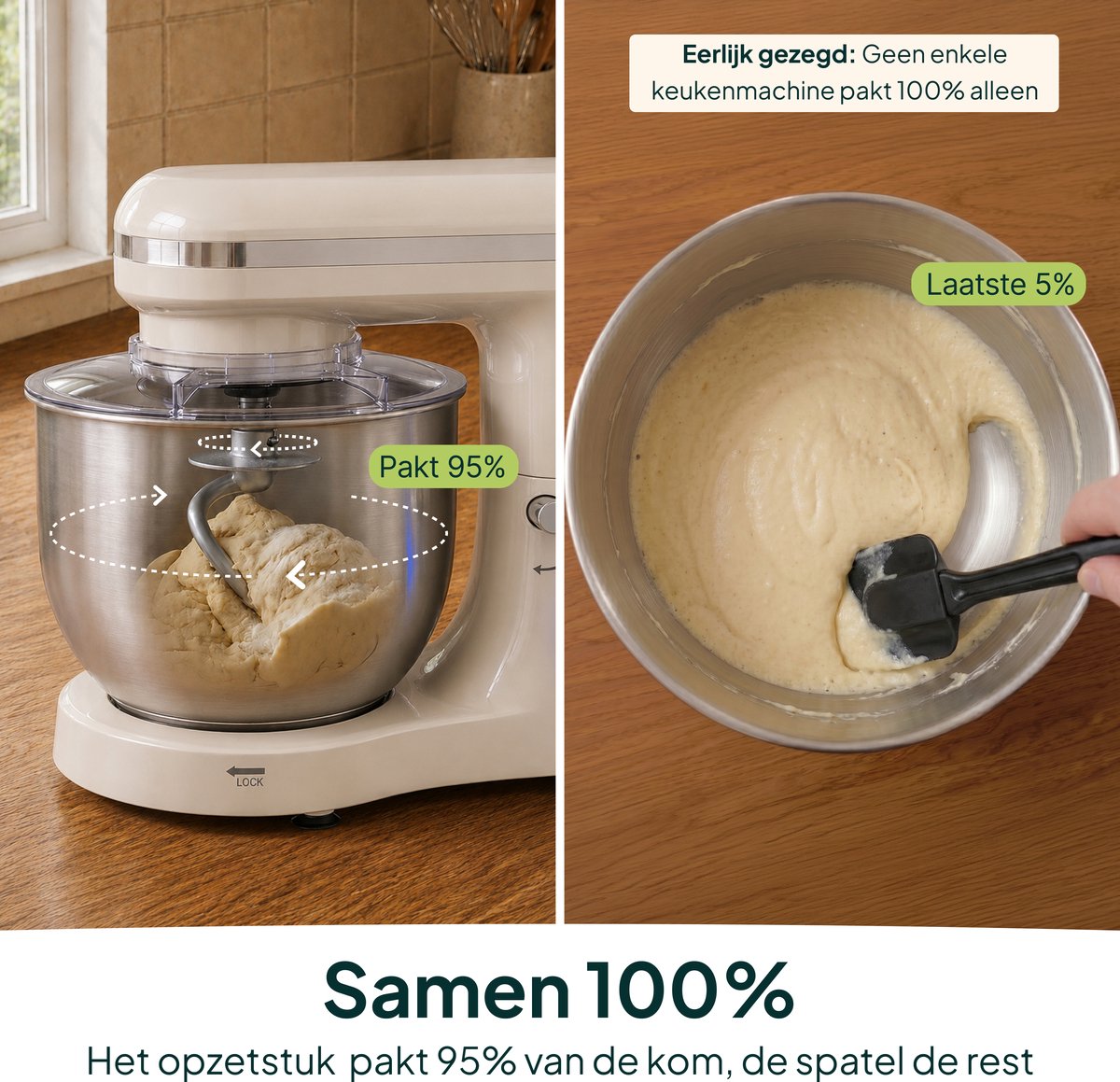 2000W Keukenmixer - Timer & Automatische Stop - Geschikt voor Zwaar Deeg - 6,2L Mengkom - Keukenmachine - Keukenrobot - Crème