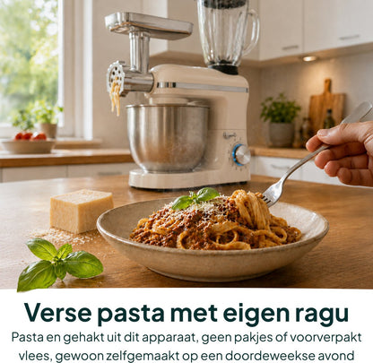 2000W Keukenmixer - Vleesmolen, Blender & Pastamachine - Geschikt voor Zwaar Deeg - 6,2L Mengkom - Keukenmachine - Keukenrobot - Crème