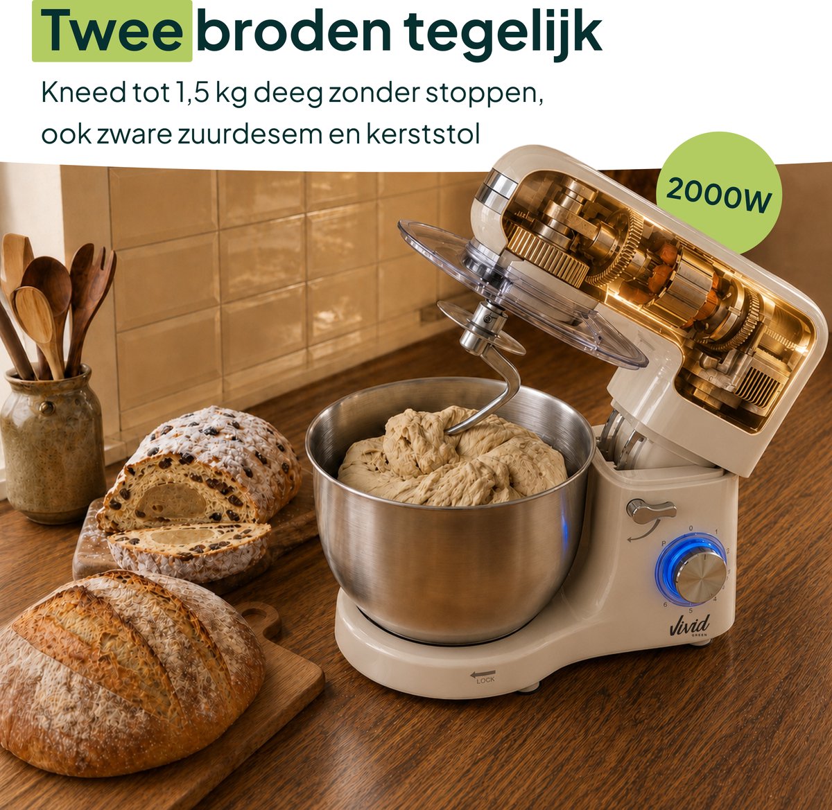 2000W Keukenmixer - Timer & Automatische Stop - Geschikt voor Zwaar Deeg - 6,2L Mengkom - Keukenmachine - Keukenrobot - Crème