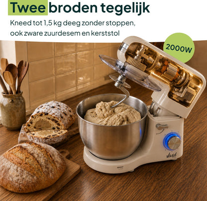 2000W Keukenmixer - Timer & Automatische Stop - Geschikt voor Zwaar Deeg - 6,2L Mengkom - Keukenmachine - Keukenrobot - Crème