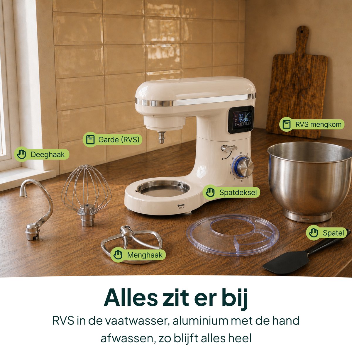 2000W Keukenmixer - Timer & Automatische Stop - Geschikt voor Zwaar Deeg - 6,2L Mengkom - Keukenmachine - Keukenrobot - Crème