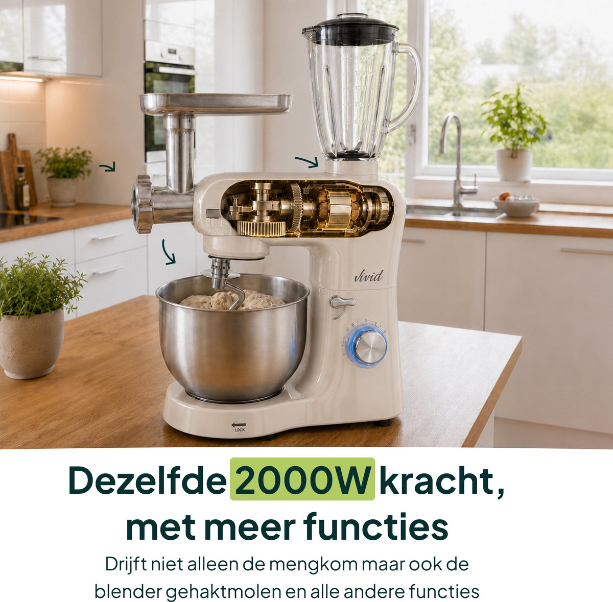 2000W Keukenmixer - Vleesmolen, Blender & Pastamachine - Geschikt voor Zwaar Deeg - 6,2L Mengkom - Keukenmachine - Keukenrobot - Crème
