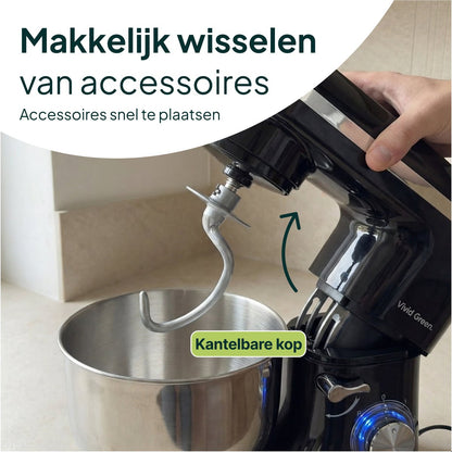 2000W Keukenmachine - Keukenrobot - 6.2L - Keukenmixer - Mixer met Mengkom - Zwart