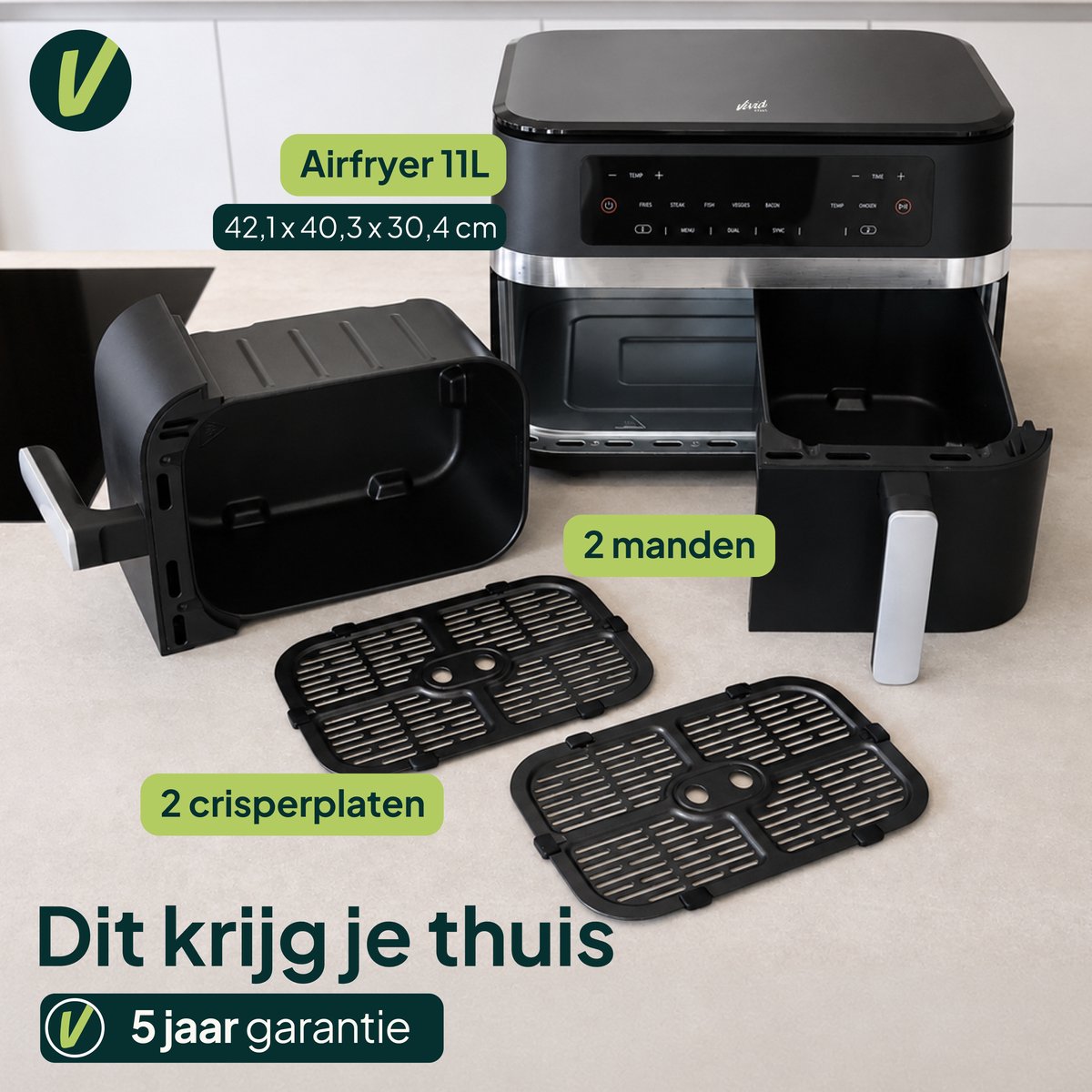 Dubbele Airfryer – 11 Liter – Dual Zone met SYNC – 2 Lades – 2950W – Heteluchtfriteuse – Tot 8 Personen – PFAS-vrij – Zwart