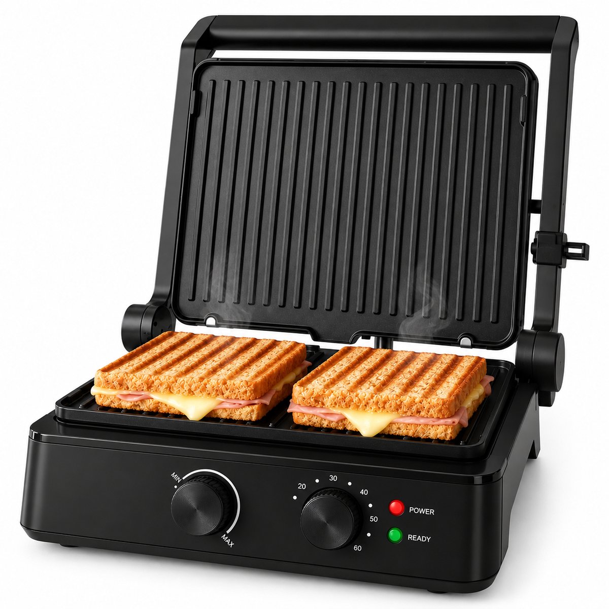 Tosti-ijzer & Contactgrill 2200W - PFAS-vrij - Inclusief Wafelplaten - Timer - 4 Tosti’s - Zwart
