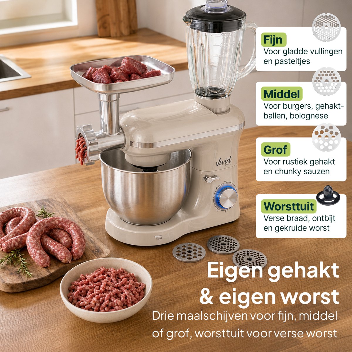 2000W Keukenmixer - Vleesmolen, Blender & Pastamachine - Geschikt voor Zwaar Deeg - 6,2L Mengkom - Keukenmachine - Keukenrobot - Crème