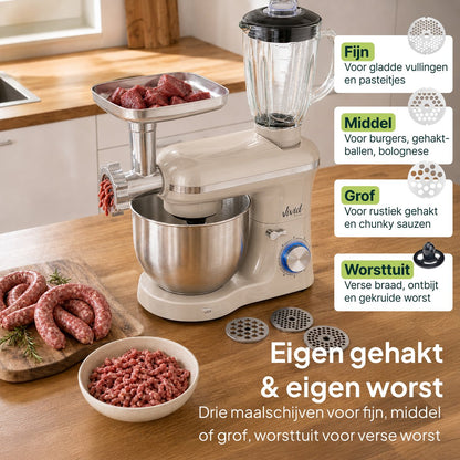 2000W Keukenmixer - Vleesmolen, Blender & Pastamachine - Geschikt voor Zwaar Deeg - 6,2L Mengkom - Keukenmachine - Keukenrobot - Crème
