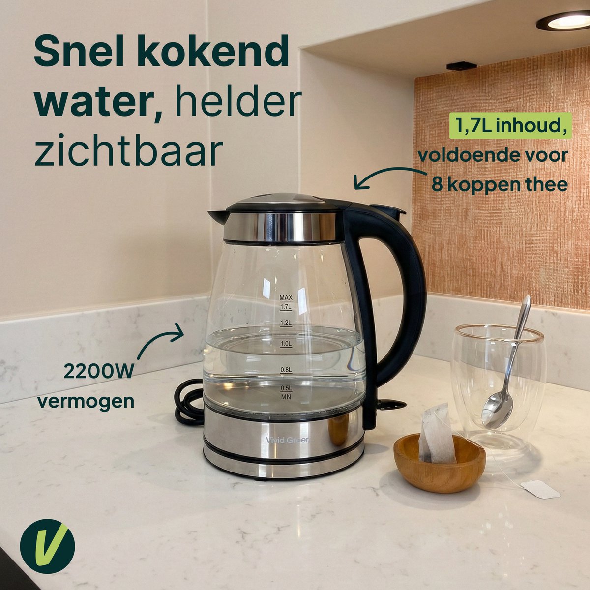 Glazen Waterkoker - 1,7L - 2200W - LED Verlichting - Met Kalkfilter