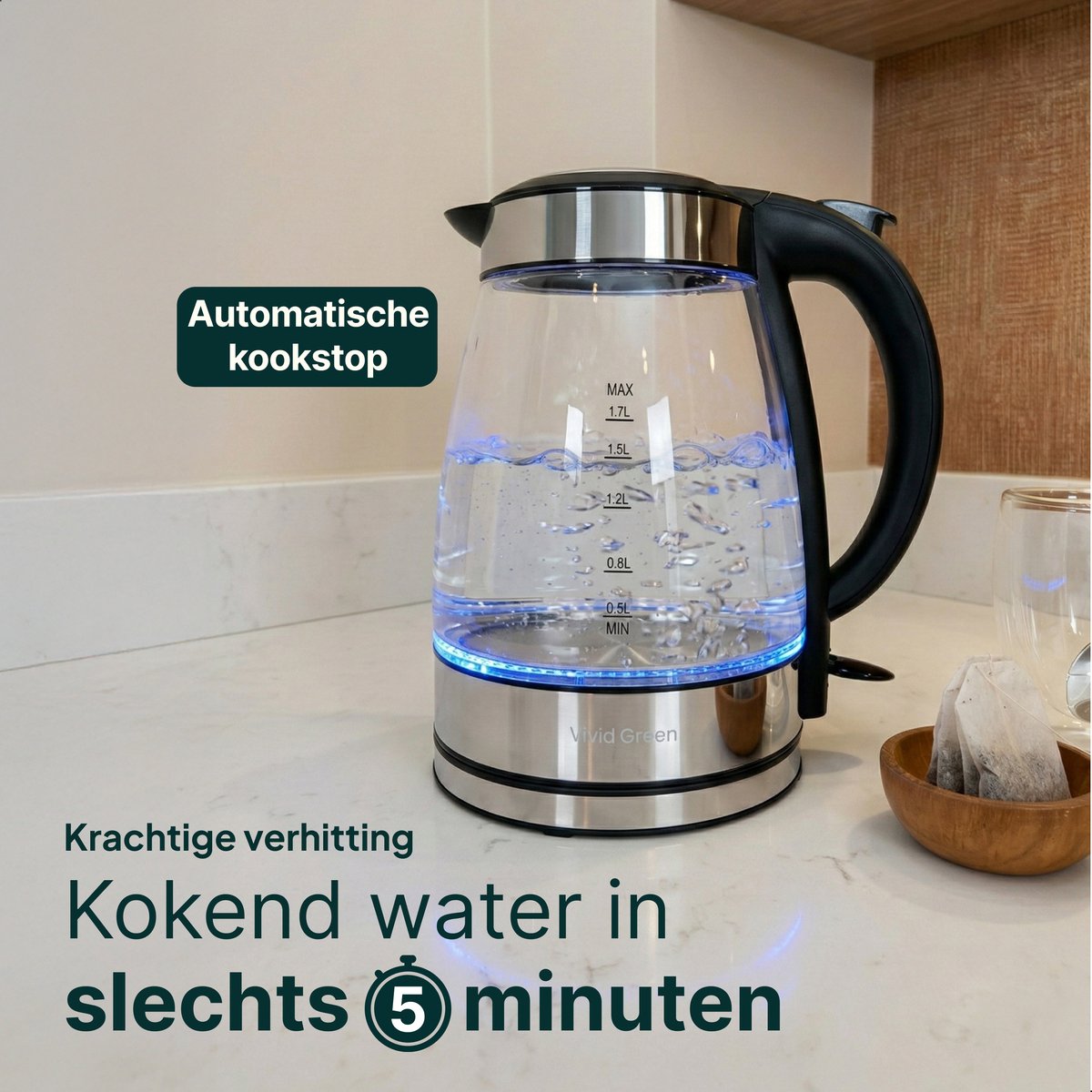Glazen Waterkoker - 1,7L - 2200W - LED Verlichting - Met Kalkfilter