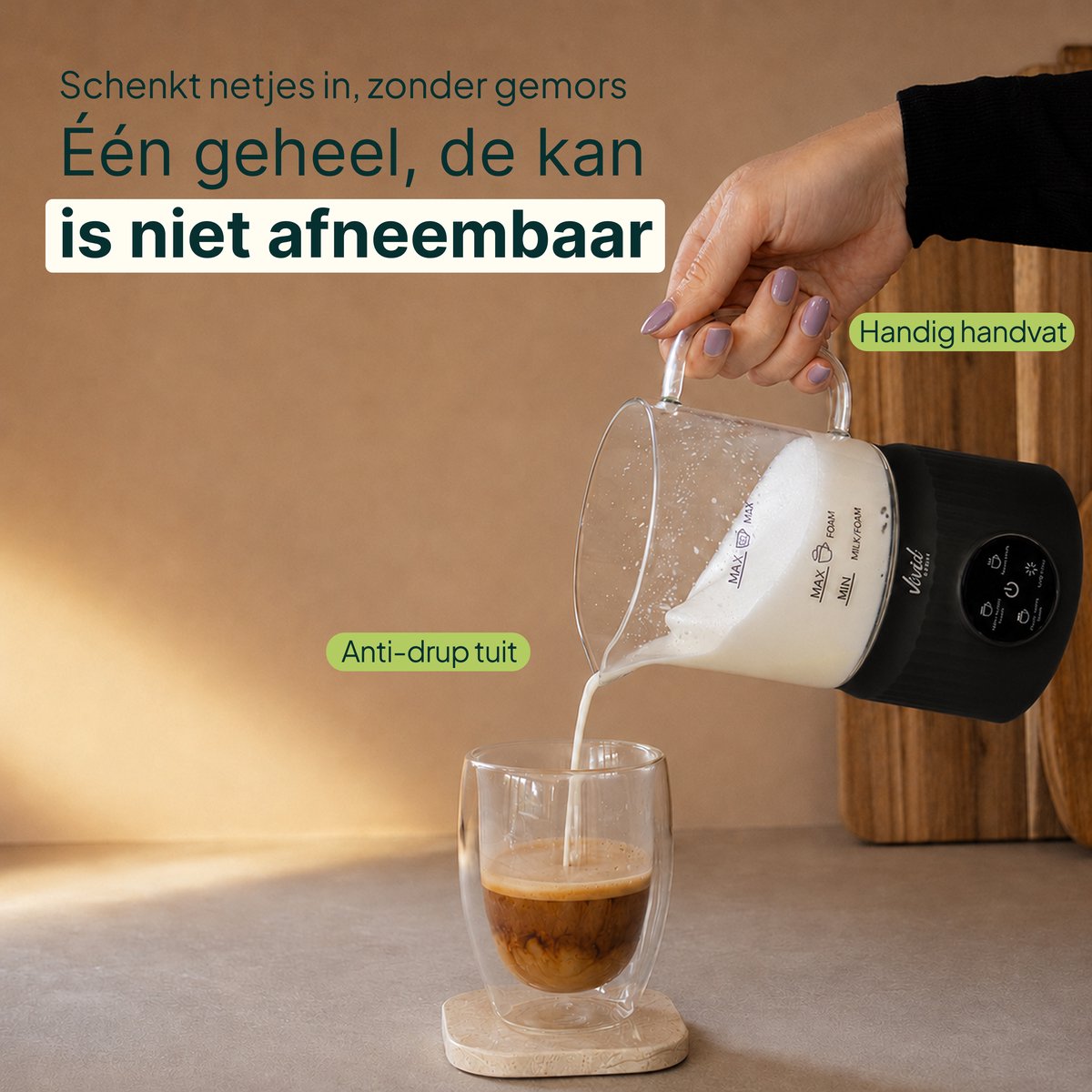 Melkopschuimer Glas - PFAS-vrij - 4-in-1 Melkschuimer - Elektrische Melkklopper