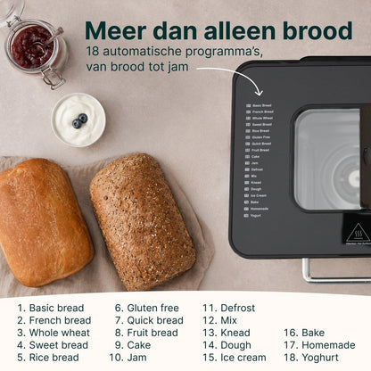 Broodbakmachine - Warmhoudfunctie & Timer - 18 programma's - 500/1000 gram - PFAS vrij - Glutenvrij programma - Broodmachine - 600W - Zwart