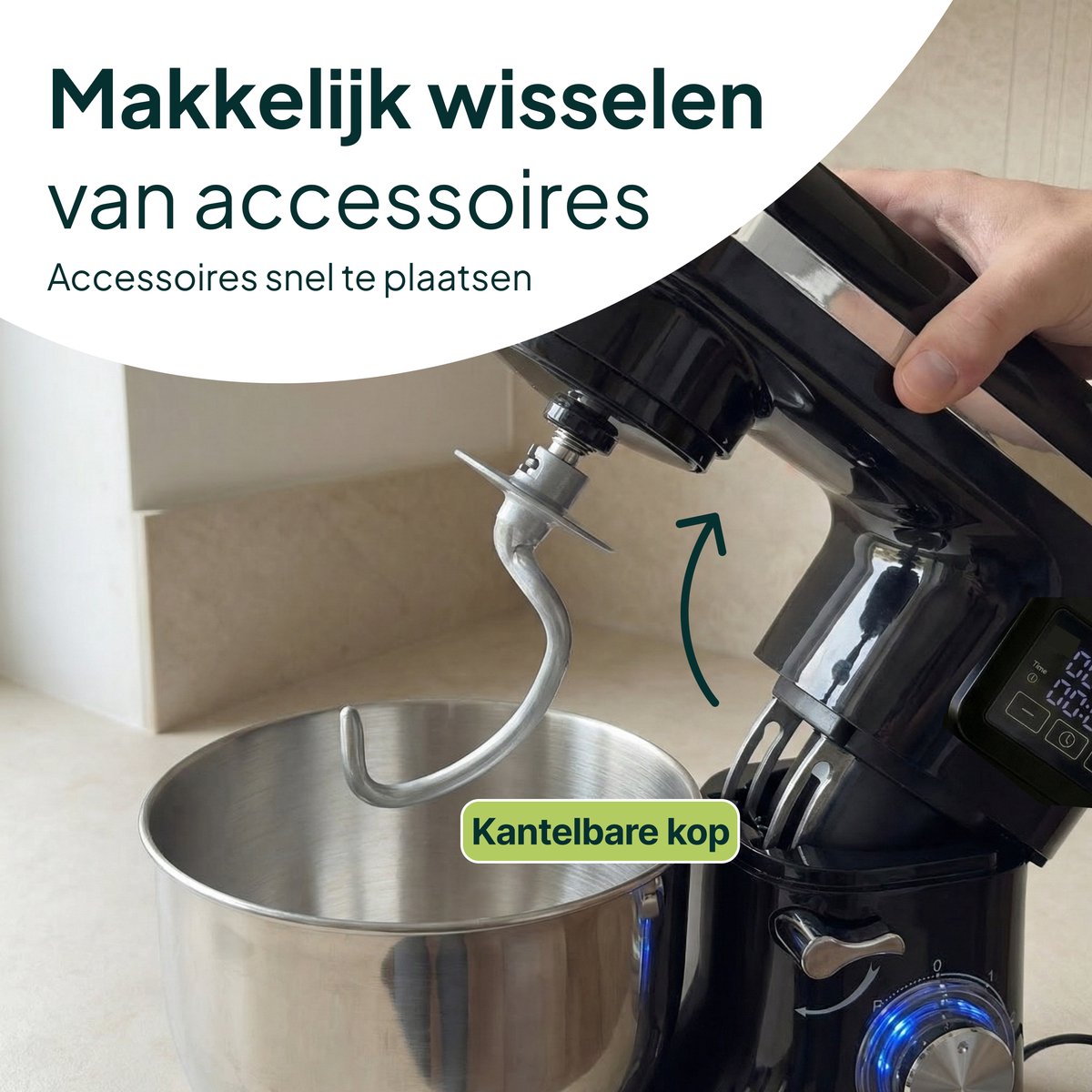 2000W Keukenmixer - Display en Timer - Keukenmachine - 6.2L - Grijs