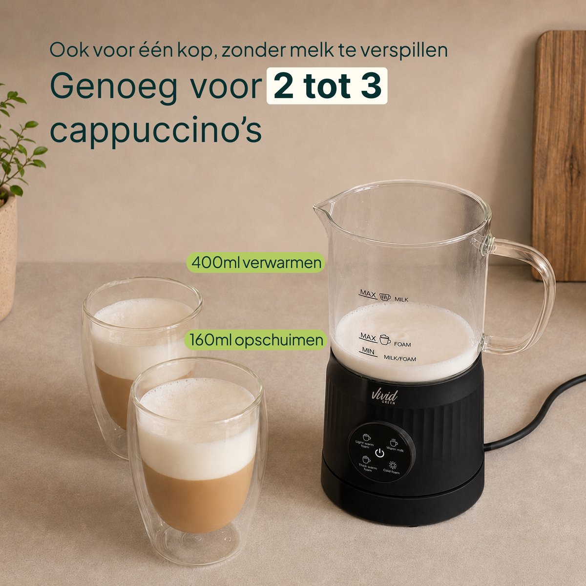 Melkopschuimer Glas - PFAS-vrij - 4-in-1 Melkschuimer - Elektrische Melkklopper