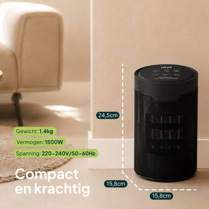 Keramische Elektrische Kachel 1500W - Ventilatorkachel - ECO-modus - Timer - Afstandsbediening - Zwart