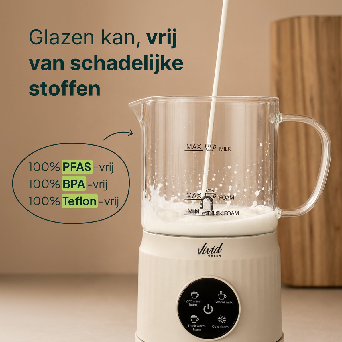 Melkopschuimer Glas - PFAS-vrij - 4-in-1 Melkschuimer - Elektrische Melkklopper - Creme