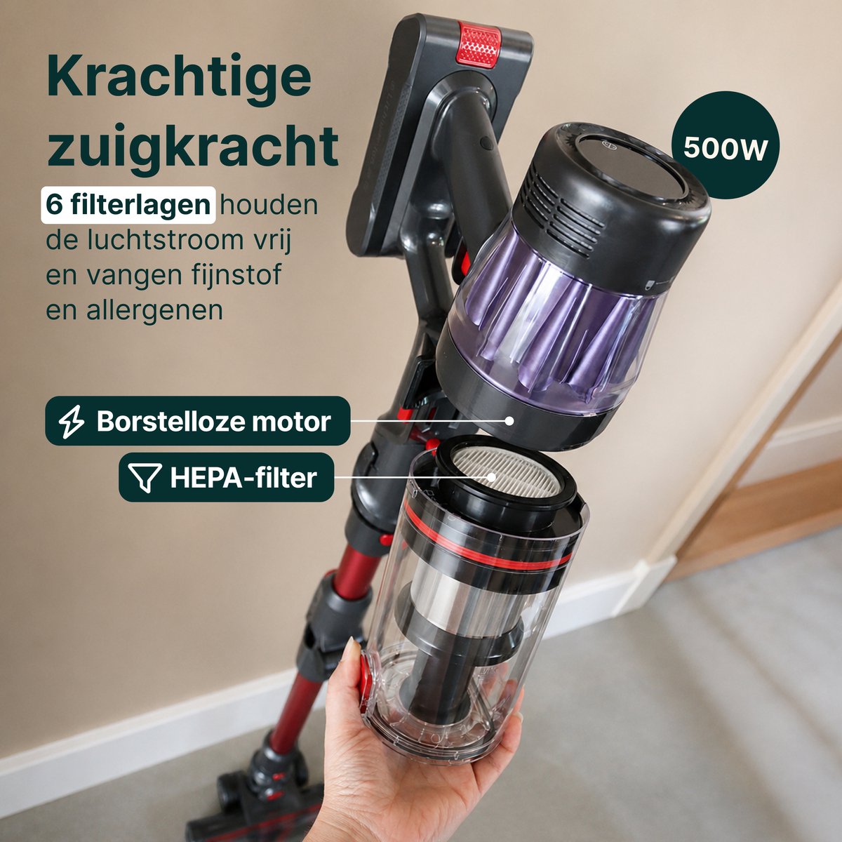 500W Steelstofzuiger - Met Dweilfunctie - Kruimelzuiger - Flexibele Stang - Stofzuiger 32kPa Zuigkracht