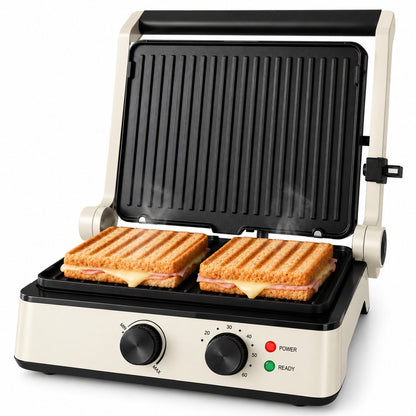 Tosti-ijzer & Contactgrill 2200W - PFAS-vrij - Inclusief Wafelplaten - Timer - 4 Tosti’s - Crème