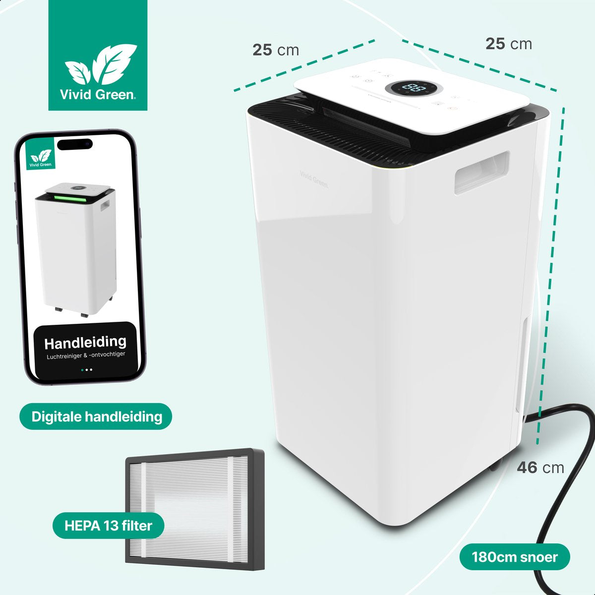 Luchtontvochtiger en Luchtreiniger - 12L - HEPA filter - 210W - Wit