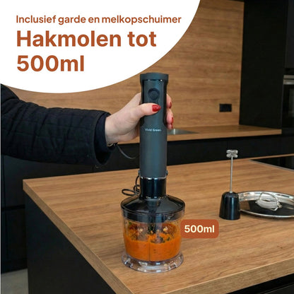 Staafmixer 5-in-1 Set - 1000W - Vaatwasserbestendig - Incl. Hakmolen, garde, melkopschuimer & Maatbeker - 12 Snelheden + Turbofunctie - Zwart