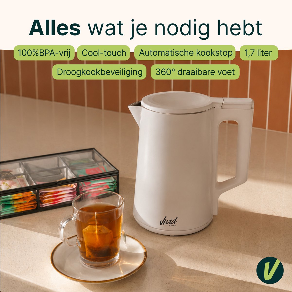 Waterkoker - 1.7L - Dubbelwandig - BPA-vrij - RVS - 2000W - Elektrisch - Beige